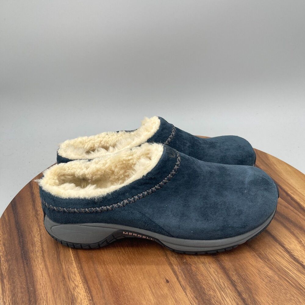 Merrell Encore Clogs Womens Size 10 Blue Suede Shearling Lined Chill Stitch